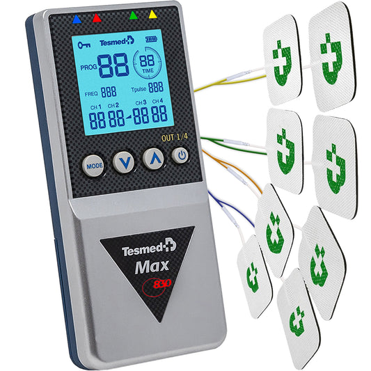 TESMED Max 830: Elettrostimolatore Muscolare Professionale Tens / EMS / Massaggio con Stimolazioni Sequenziali, 4 Canali, 115 Programmi di cui 20 Personalizzabili, Ricaricabile, Inclusi 20 Elettrodi