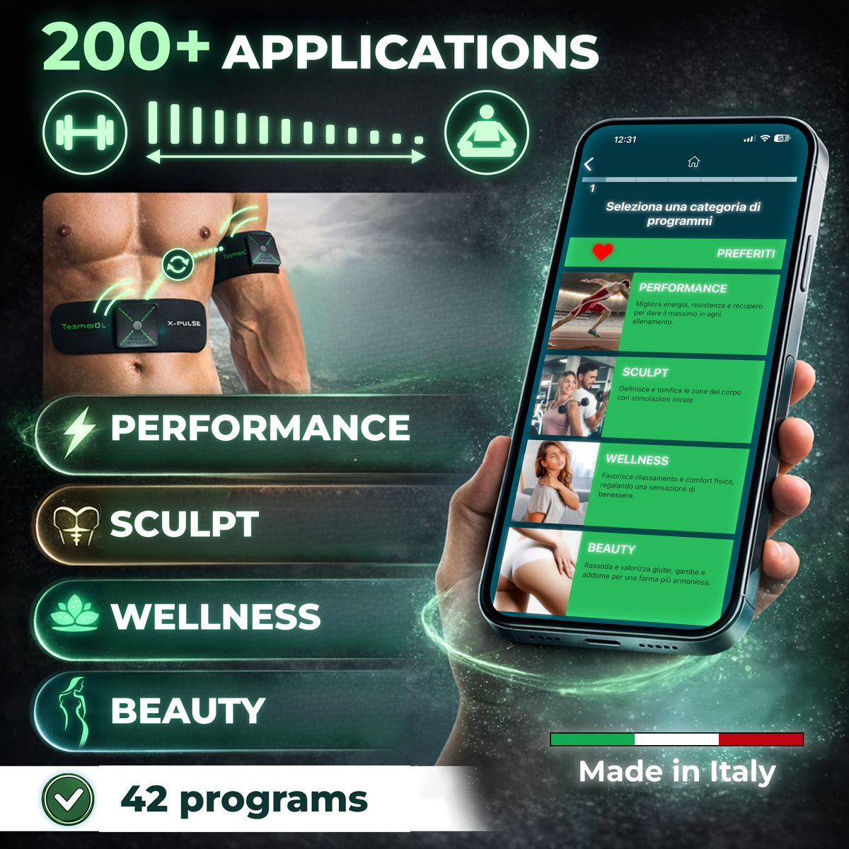 TESMED X-Pulse Elettrostimolatore Muscolare Ricaricabile Wireless EMS con App – 2 Dispositivi Inclusi, Programmi Personalizzabili illimitati, Multi-Zona, 130 Livelli di Intensità, Il più Potente